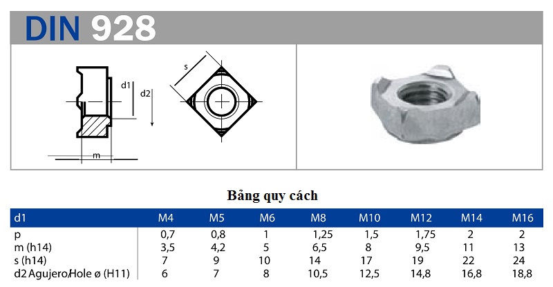 Êcu hàn 4 chân inox, đai ốc hàn 4 chân inox 304 DIN928