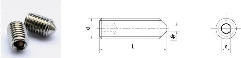 Cấu tạo vít trí lục giác đầu nhọn inox với ren suốt và đầu nhọn định vị chi tiết