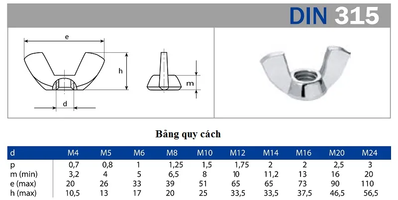 Thông số kỹ thuật đai ốc tai hồng inox các kích thước phổ biến