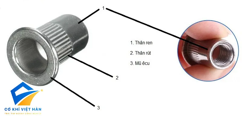Cấu tạo ecu rút inox với phần thân có rãnh tăng độ bám chắc chắn