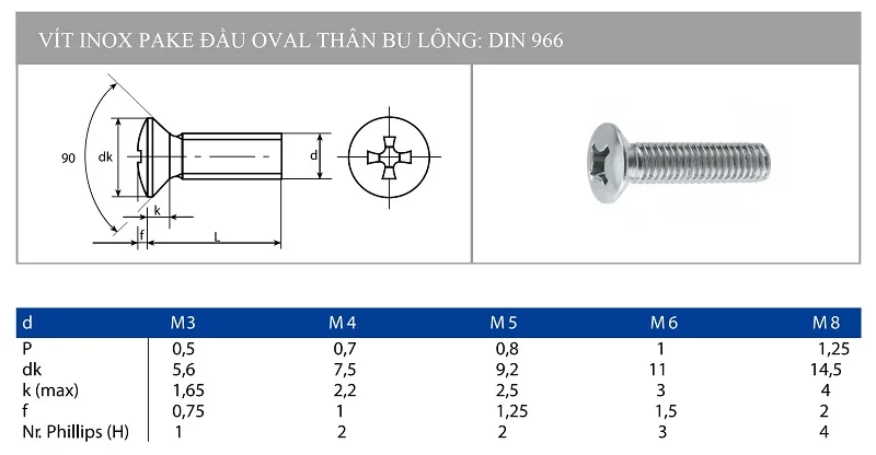 Bảng kích thước vít pake inox DIN 7985