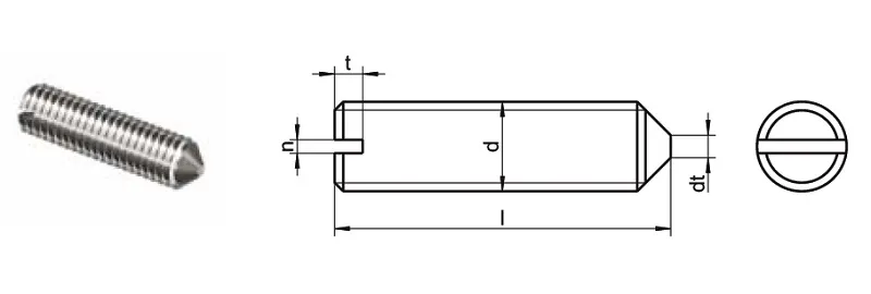 Cấu tạo vít trí inox xẻ rãnh đầu nhọn với ren suốt và đầu nhọn định vị
